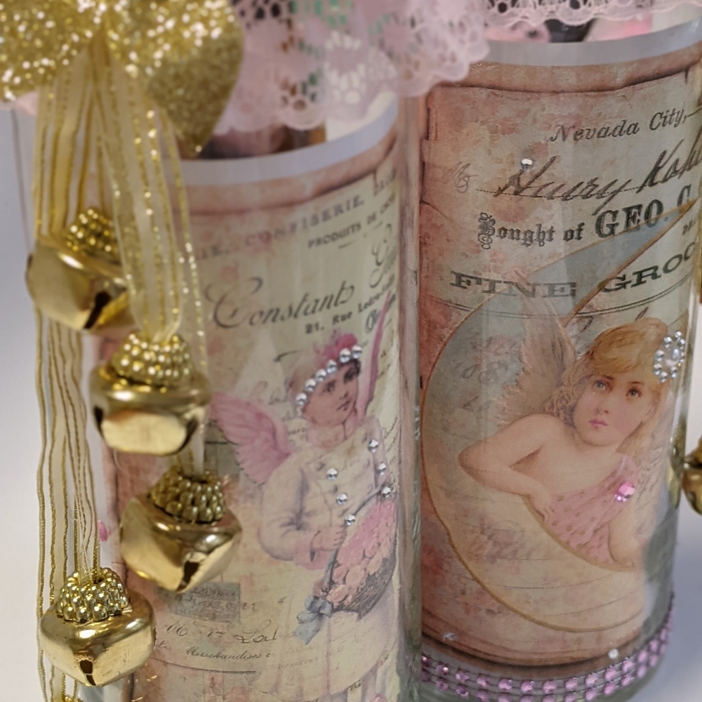 Shabby chic, glass candle holders with cherubs. Christmas decor. Handmade.
